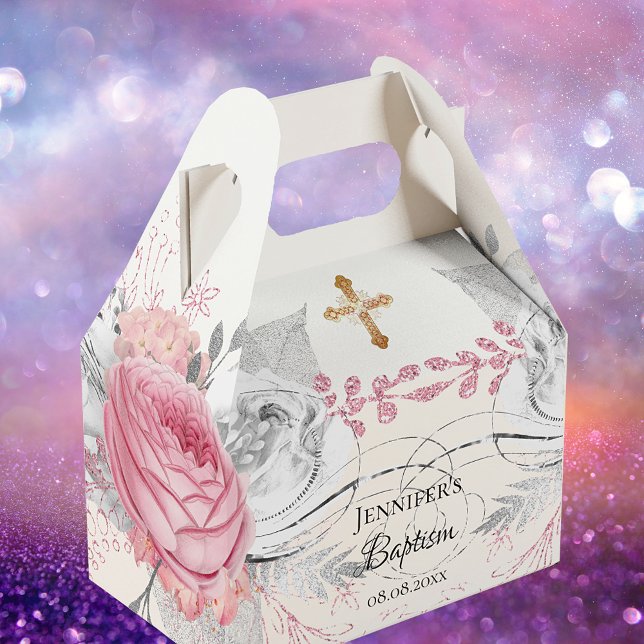 Taufe rosa bläserne silberne moderne elegante Kreu Geschenkschachtel (Von Creator hochgeladen)