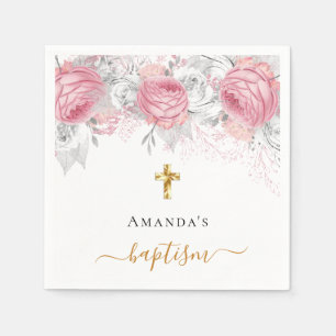 Taufe rosa Blüten weiß elegante Namensskript Serviette