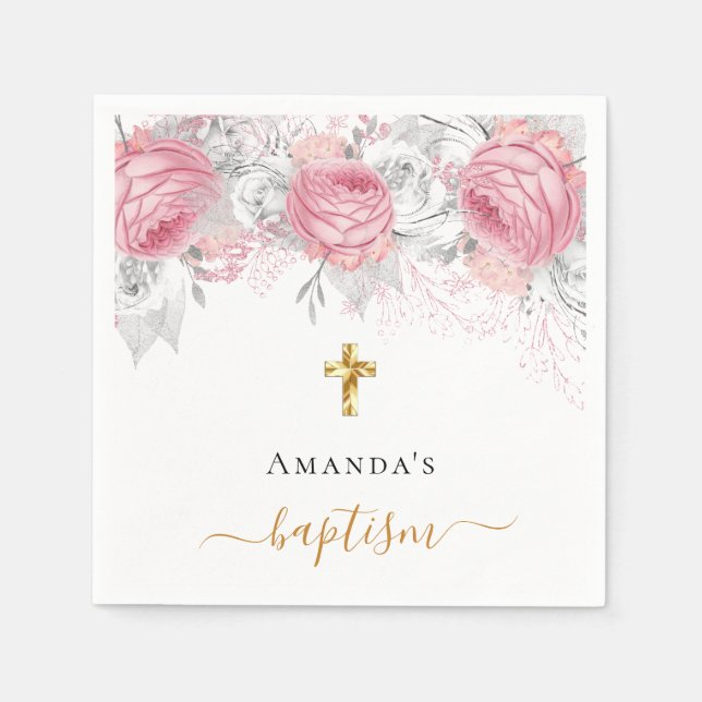 Taufe rosa Blüten weiß elegante Namensskript Serviette (Vorderseite)