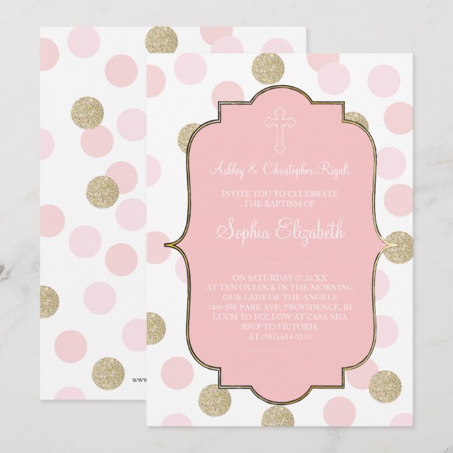 Taufe Rosa Imitate Gold Glitzer Polka Dot Einladun Einladung (Vorne/Hinten)