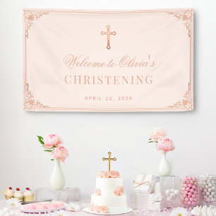 Taufe Rosa Mädchen Taufkleid Rosen Gold Kreuz Banner