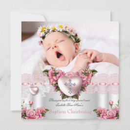 Taufe Rosa Silber Foto Herzkreuz Girl Rose 2 Einladung