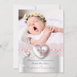 Taufe Rosa Silberes Foto Herzkreuz Mädchen Einladung