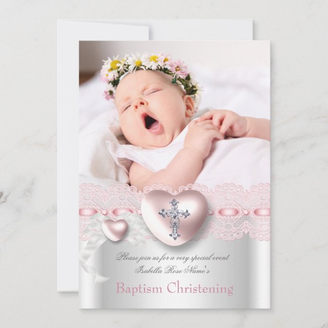 Taufe Rosa Silberes Foto Herzkreuz Mädchen Einladung (Vorderseite)