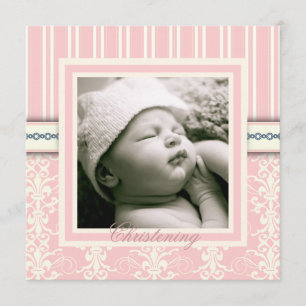 Taufe Rosa Vintag Damask Foto Einladung