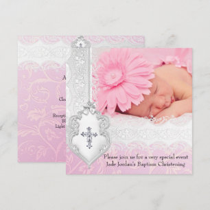Taufe Rosa Weiß Spitze Foto Schmuck Kreuz Mädchen Einladung
