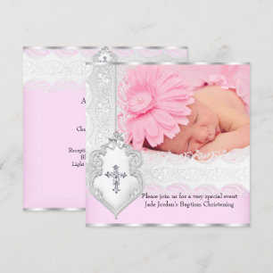 Taufe Rosa Weiß Spitze Foto Schmuck Kreuz Mädchen  Einladung