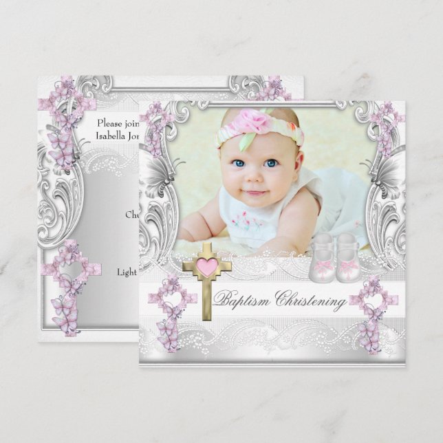 Taufe Rosa Weißes Kreuz Foto Christening Einladung (Vorne/Hinten)