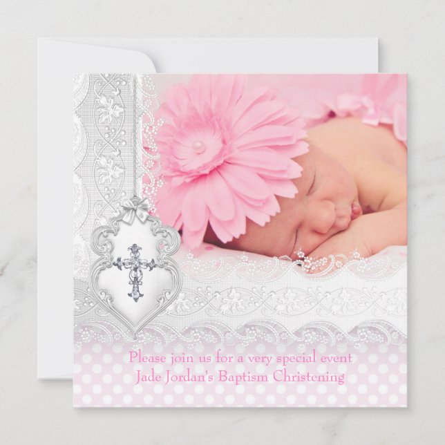 Taufe-rosa weißes Spitze-Foto-Juwel-Kreuz-Mädchen Einladung (Vorderseite)