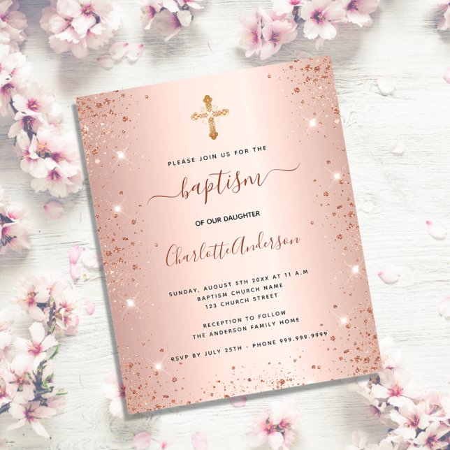 Taufe Rose Gold Glitzer Mädchen Einladung Flyer (Von Creator hochgeladen)