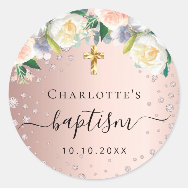 Taufe Rose Gold Rosa Blütenblätter Mädchenname Runder Aufkleber (Vorderseite)