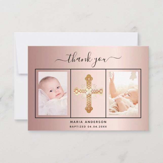 Taufe Rose Gold Schwarze Foto Drehbuch Mädchen Dankeskarte (Vorderseite)