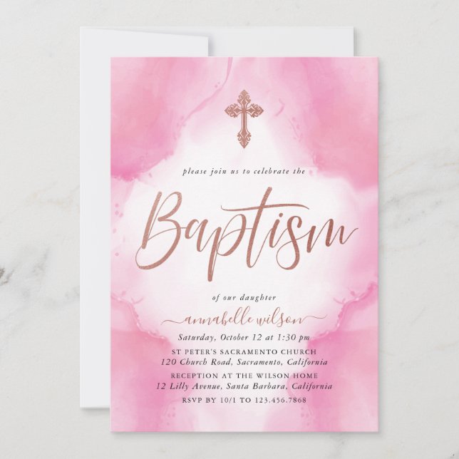 Taufe Rose Gold und Rosa Wasserfarben Girl Einladung (Vorderseite)