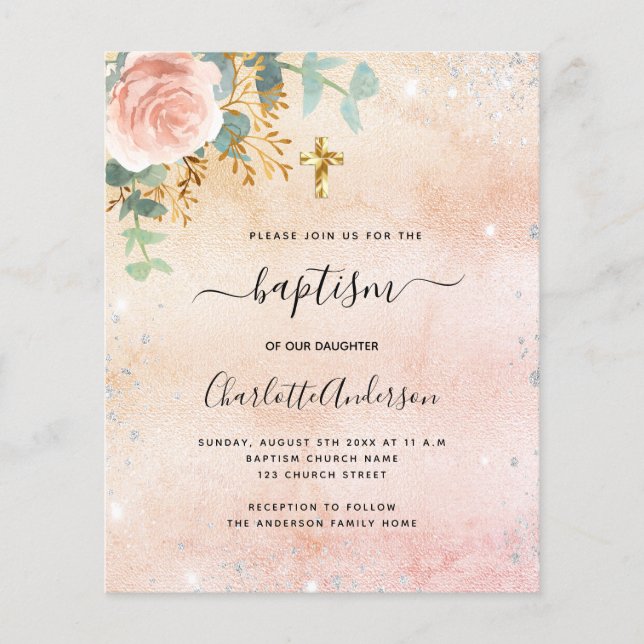 Taufe Rose Goldblume Eukalyptus Einladung Flyer (Vorne)