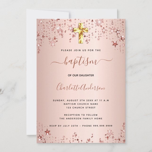 Taufe Rose Goldstars Mädchen elegant Einladung (Vorderseite)
