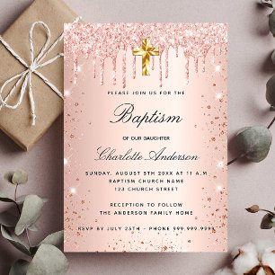 Taufe rot Rose Gold Glitzer Tropfen Mädchen Luxus Einladung