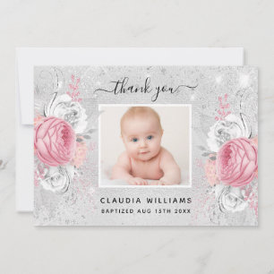 Taufe Silber Glitzer Rosa Floralie Foto Mädchen Dankeskarte
