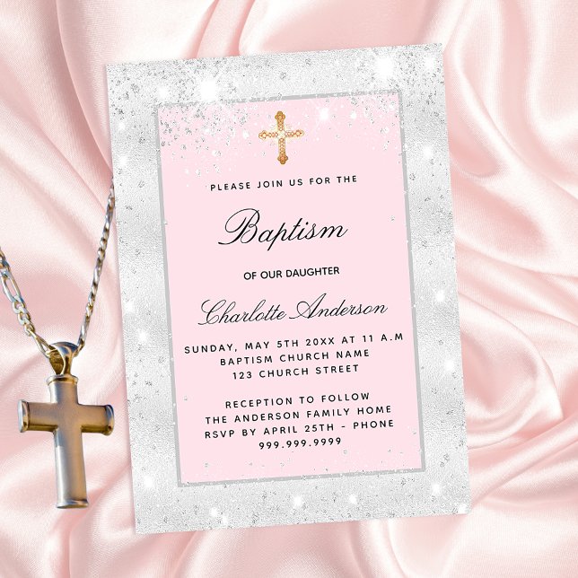 Taufe silber pink Glitzer Mädchen Kreuz elegant Einladungspostkarte (Von Creator hochgeladen)