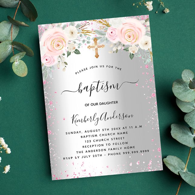 Taufe silber pinkfarbene Blumen Glitzer Mädchen el Einladungspostkarte (Von Creator hochgeladen)