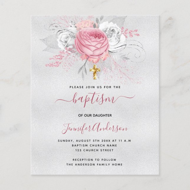 Taufe Silberrosa Blumenfloralen Mädchen Einladung Flyer (Vorne)