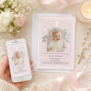 Taufe Soft Pink Foto weiße florale Bögen Mädchen Einladung