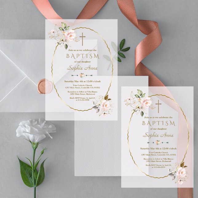 Taufe Taufe mit zartem rosa, floralen Goldrahmen (Von Creator hochgeladen)