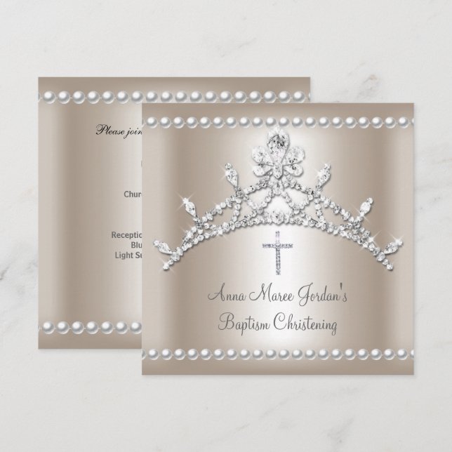 Taufe Tiara Sepia Silver White Pearl Diamond Einladung (Vorne/Hinten)