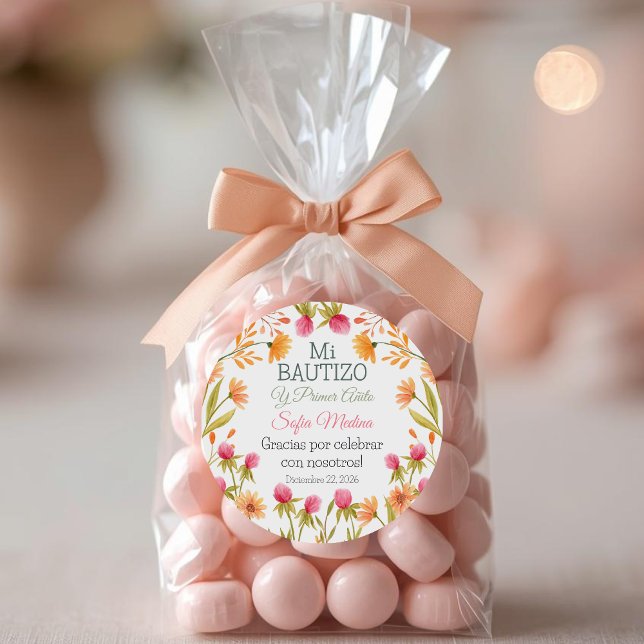 Taufe und Niedliche rosa Blume am ersten Geburtsta Runder Aufkleber (Von Creator hochgeladen)