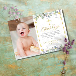 Taufe und Taufe des Lilac-Blutes / Christening-Fot Dankeskarte<br><div class="desc">Hübsche Weisheit- und Lila-Blätter stolpern über einen eleganten Goldrahmen,  der Ihre Taufe/Taufe mit einem Set in klassischer Eleganz umschließt. Entwickelt von Thisisnotme©</div>