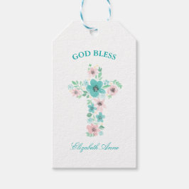 Taufe Wasserfarbe Rosa und Aquamarine Blume Kreuz Geschenkanhänger