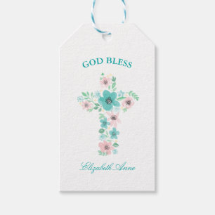 Taufe Wasserfarbe Rosa und Aquamarine Blume Kreuz Geschenkanhänger