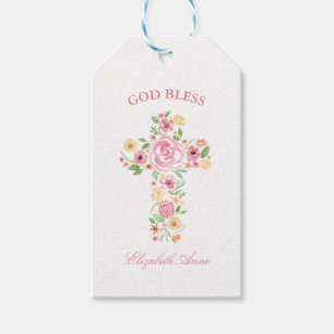 Taufe Wasserfarbenpinke und Gelbe Blume Kreuz Geschenkanhänger
