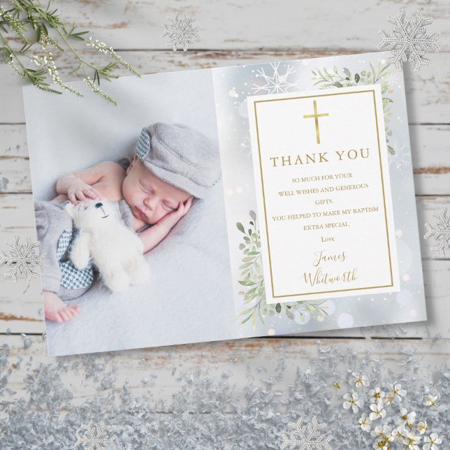 Taufe Weihnachten Winterschneeflocken Foto Dankeskarte (Baptism Christening Winter Snowflakes Photo Thank You Card)