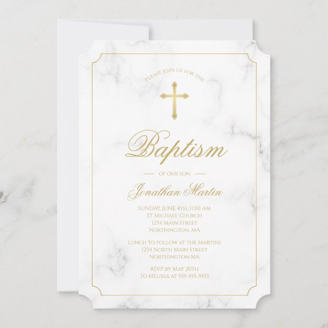 Taufe White Marble Gold Cross Script Boy Einladung (Vorderseite)