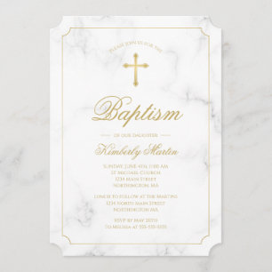 Taufe White Marble Gold Cross Script Einladung