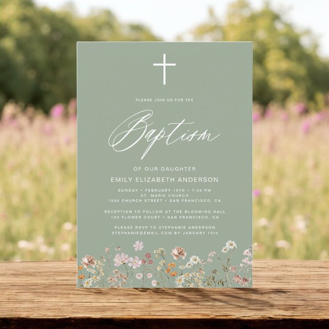 Taufe Wildblume Sage Green Script Einladung (Von Creator hochgeladen)