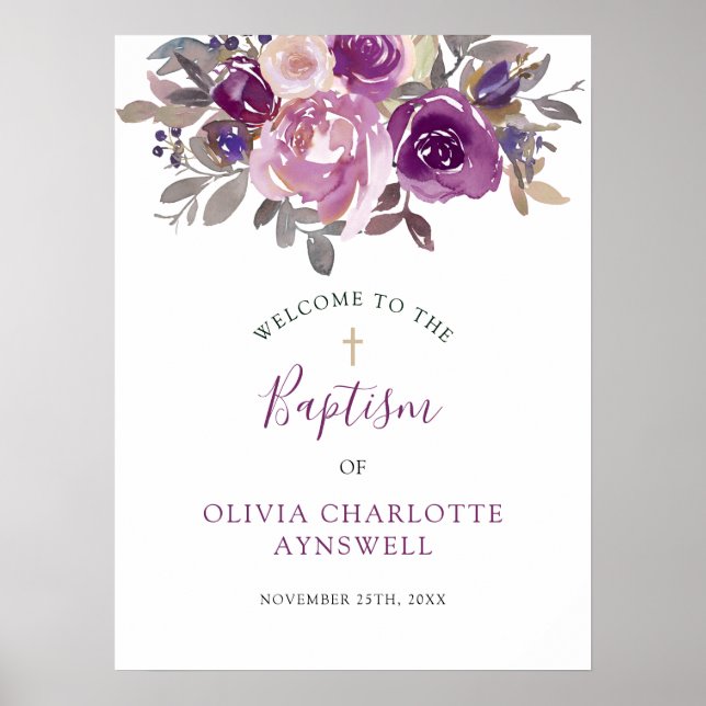 Taufe Willkommen Dusty Mauve Lila Blush Botanisch Poster (Vorne)