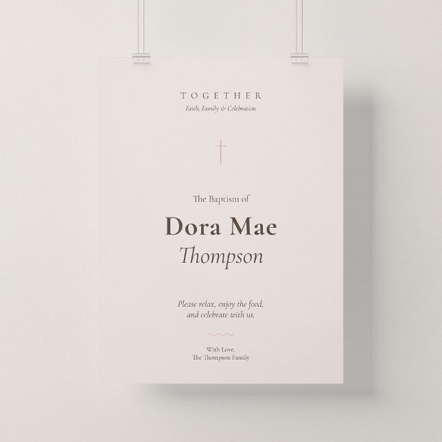 Taufempfangs-Willkommensposter Grace Pink Cross Poster (Grace | Blush - Baptism Reception Entrance Poster, 18 x 24")