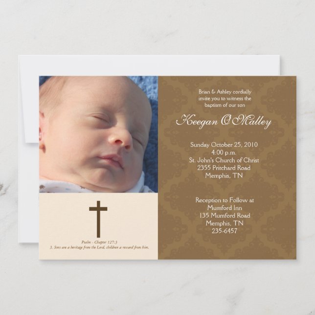 Taufen Dedication Tan/Cream 12x18 Damask Foto Einladung (Vorderseite)