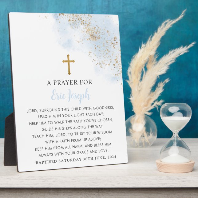 Taufen Gebet Schild Blue Gold Cross Boys Fotoplatte (Seite)