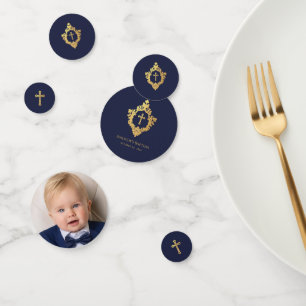 Taufjungen-Foto in Marineblau mit falschem goldene Konfetti
