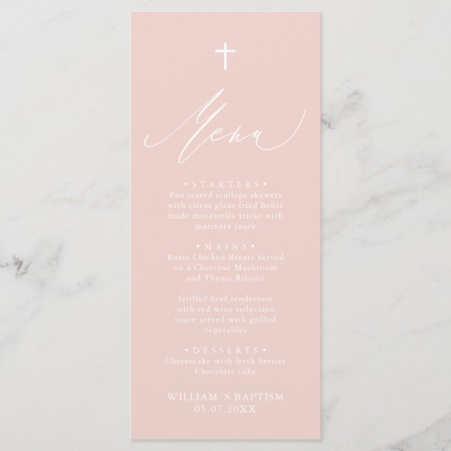 Taufkarte des Dusty Pink White Cross Girl Menükarte (Vorderseite)