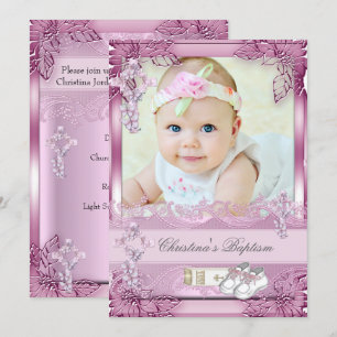 Taufkleid Rosa Kreuz Mädchen Foto Taufe Floral Einladung