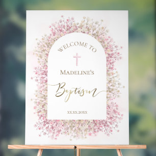 Taufkleid weiß rosa floraler Willkommen Acrylschild