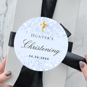 Tauflicht Blau Glitter Funkeln Jungen Kreuz Runder Aufkleber
