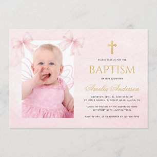 Taufmädchen-Foto Rosa Schleifen & Goldkreuz Coquet Einladung
