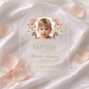 Taufmädchen Foto Rosa und Gold Blumenmuster Geomet Acryleinladungen