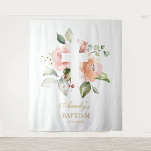 Taufmädchen-Hintergrund - Rosa Blumen Kreuz Wandteppich