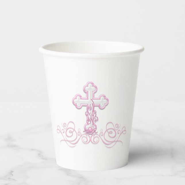 Taufpapier für Mädchen mit rosa Kreuz Pappbecher (Vorderseite)
