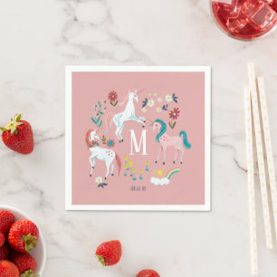 Taufparty für Mädchen mit rosa Einhorn-Monogramm Serviette